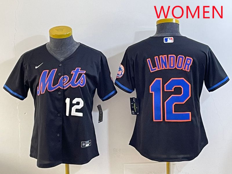 Women 2025 New York Mets #12 Lindor Black Game Nike MLB Jersey style 8